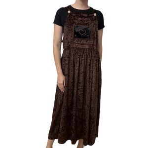 Vintage Pinafore Dress Overall Velvet Brown 90s Heart Whimsigoth Size Medium